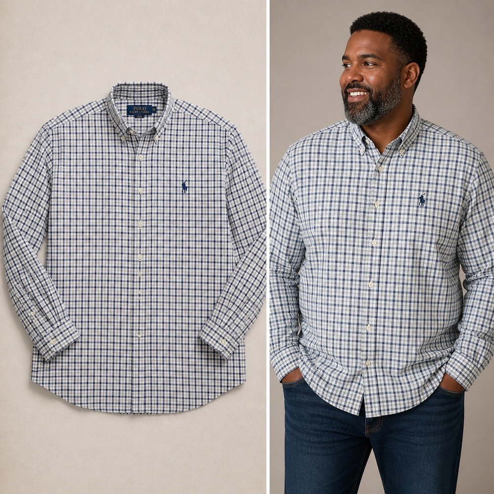 Polo Ralph Lauren Performance Mens‎ XXL Blue White Plaid Stretch Button Down